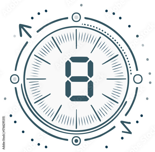 Modern countdown timer with number eight digital display and process arrow