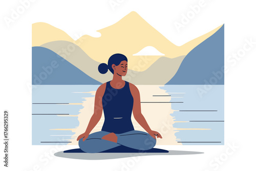 A serene vector illustration of a woman meditating in the lotus position (Padmasana) during sunrise or sunset, centered within a circular frame against a calm lake and mountain landscape.