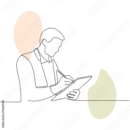 Continuous line drawing of businessman writing on clipboard minimal style illustration of office worker signing documents or filling form with modern organic shapes background