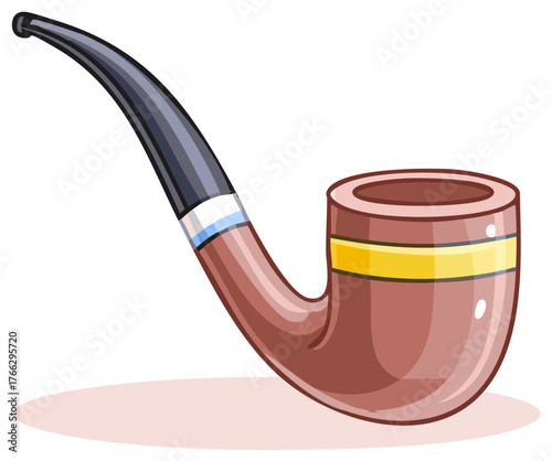 Cartoon illustration of a classic brown wooden smoking pipe with a black mouthpiece and decorative bands