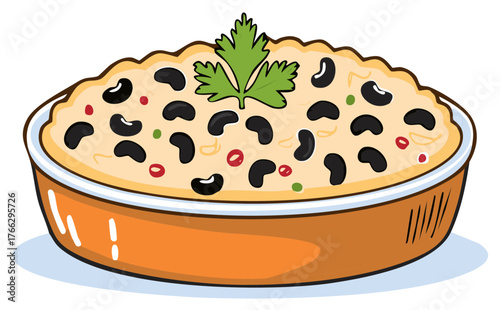 Cartoon illustration of a bowl of black beans and rice topped with a fresh cilantro garnish