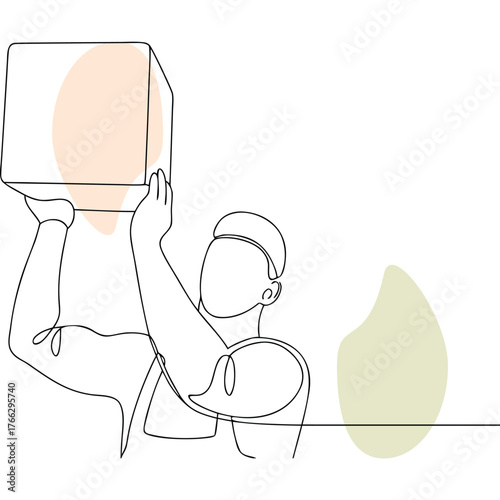 Continuous Line Drawing of Delivery Man Lifting a Box with Strength and Focus Showing the Power of Logistics and Distribution in a Modern Economy and Supply Chain