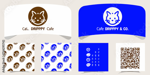 Cute cat cafe branding elements featuring logo patterns and qr code