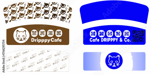 Collection of cute cat themed cafe logos and branding elements with playful patterns and icons