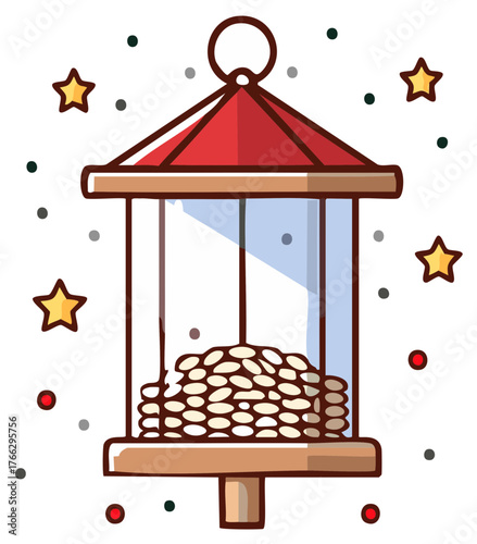 Cute cartoon bird feeder illustration with seeds and decorative stars. Vector art for wildlife care and backyard feeding.