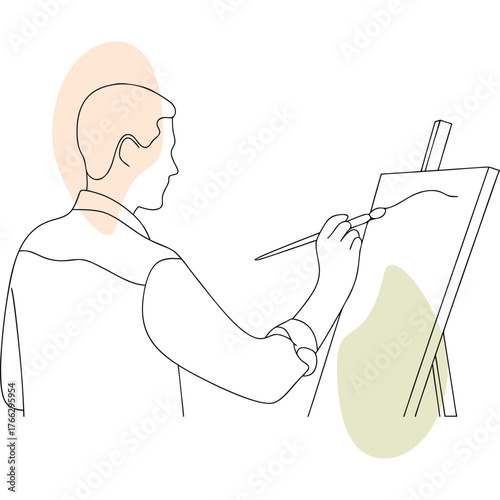 Creative artist painting on canvas using brush with calm focus creating expressive artwork and enjoying relaxing hobby at art studio in minimal line art style illustration