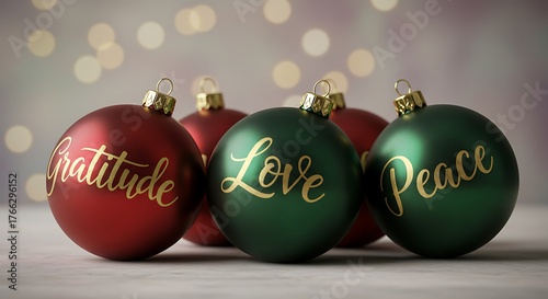 Christmas ornaments with gratitude love and peace written on them