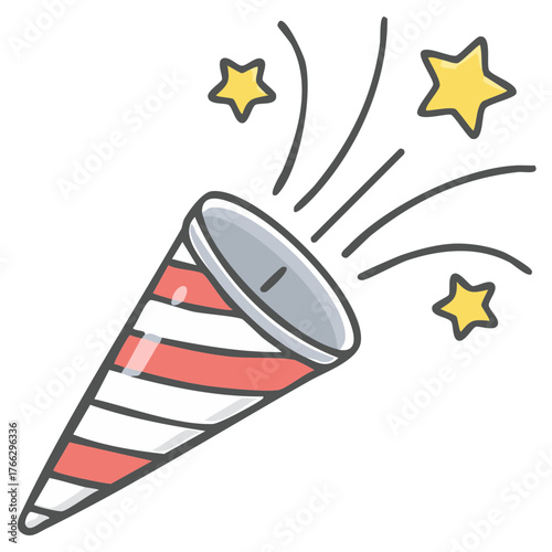 Cute cartoon party popper exploding with festive stars and confetti