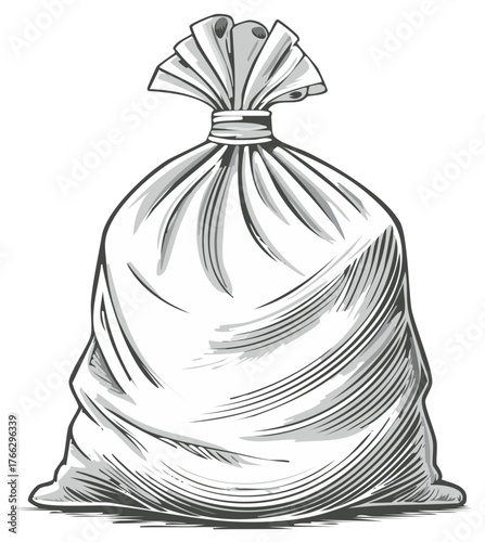 Vintage illustration of a closed tied sack full of contents in line art style