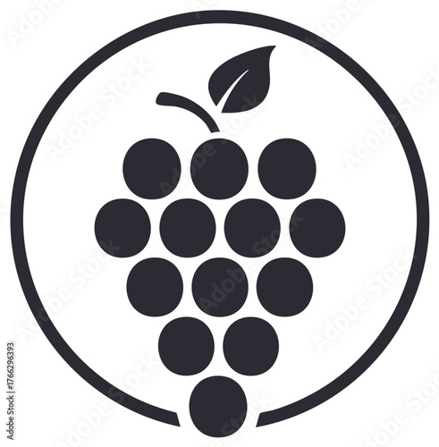 Black and white grape bunch icon with a single leaf and stem inside a bold circular outline graphic
