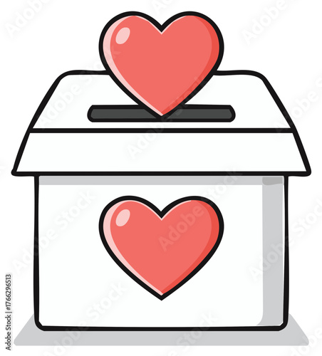 White donation box with a prominent red heart symbol and another heart being inserted into the slot
