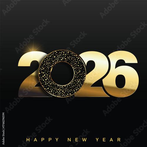 Luxury Happy New Year 2026 with bold 3D metallic gold typography. Vector