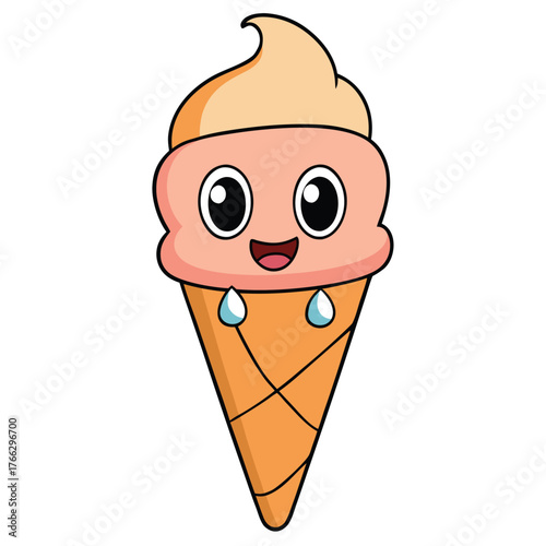 Funny cartoon ice cream cone illustration with chocolate vanilla and strawberry flavors