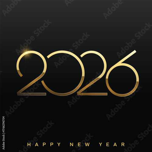 Elegant Happy New Year 2026 logo with golden thin line art and sparkle. Vector