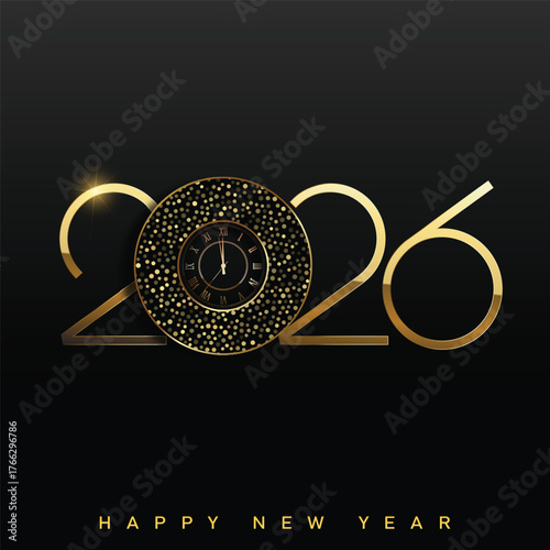 Elegant Happy New Year 2026 logo with golden thin line art and sparkle. Vector