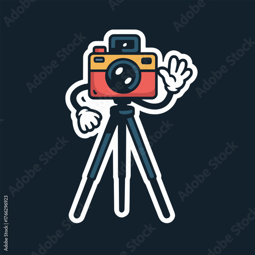 A cartoon camera character on a tripod waving with a dark blue background and white outline sticker