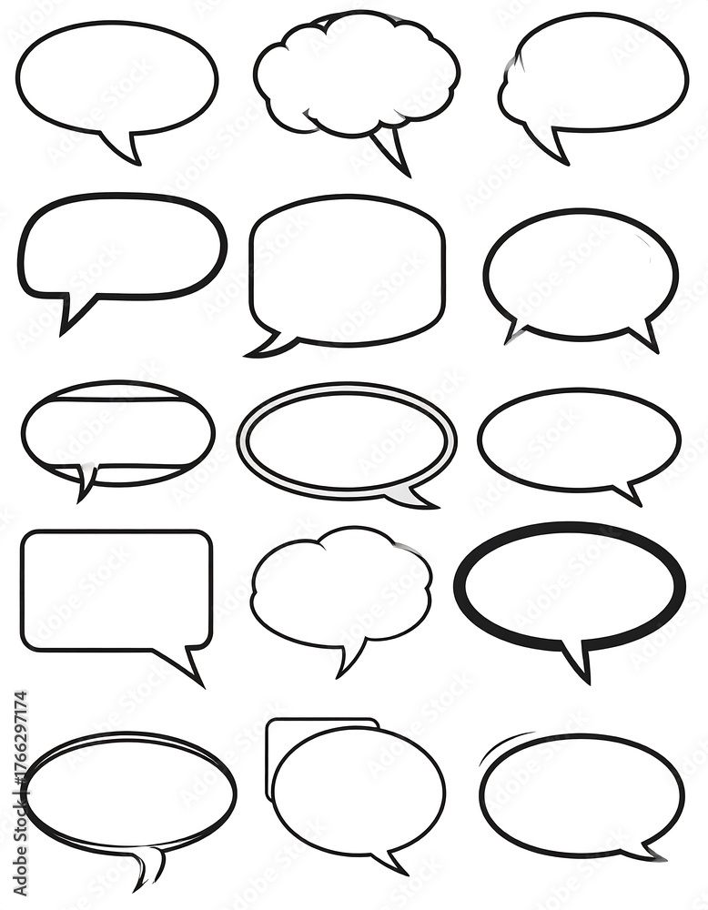 Obraz premium Collection of various speech bubbles, outlined in black on white