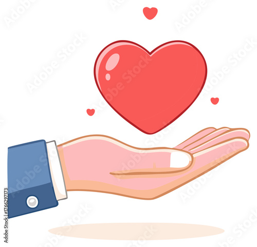 Hand presenting a floating red heart with smaller hearts, symbolizing love, care, and generosity