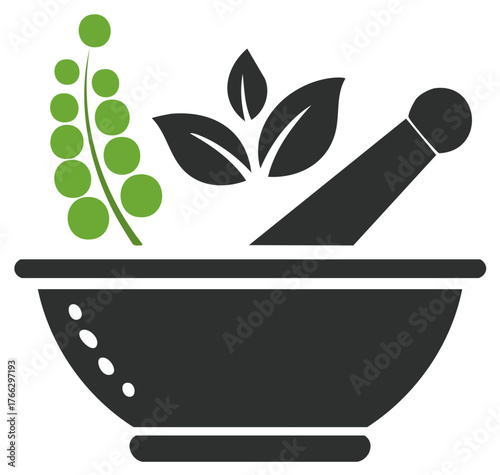 Mortar and Pestle with Botanical Ingredients for Herbal Medicine