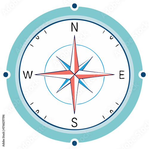 Illustration of a Vintage Compass with a Teal Blue Border and Rose Colored Points