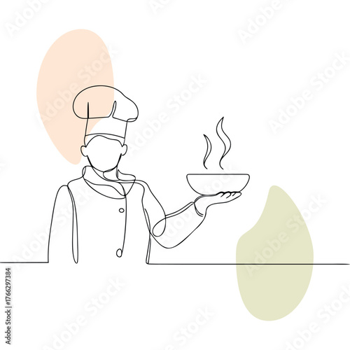 Minimalist continuous line art of a chef presenting a steaming bowl of food in a culinary setting concept ideal for restaurant or food related promotions and designs
