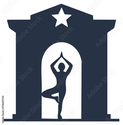 Silhouette of person in yoga tree pose inside arched doorway with star above