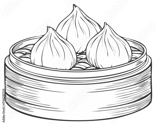 Hand drawn sketch of three dumplings in bamboo steamer Asian cuisine dim sum