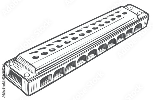 Detailed line drawing of a harmonica with arched openings on the sides and round holes on top