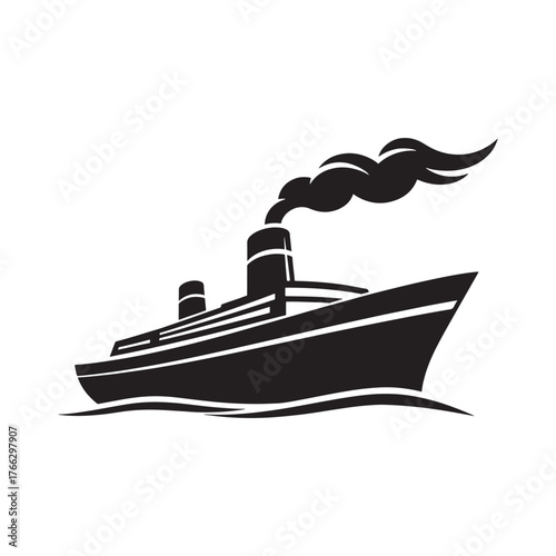 Steamship silhouette trailing smoke across water maritime transport icon