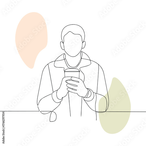 Minimalist Line Art Depiction of Man Holding Coffee Cup with Abstract Shapes Illustrating Modern Design and Contemporary Aesthetics