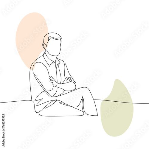 Minimalist line art drawing of a confident man sitting with arms crossed representing leadership and success in business and personal growth depicting strength and authority