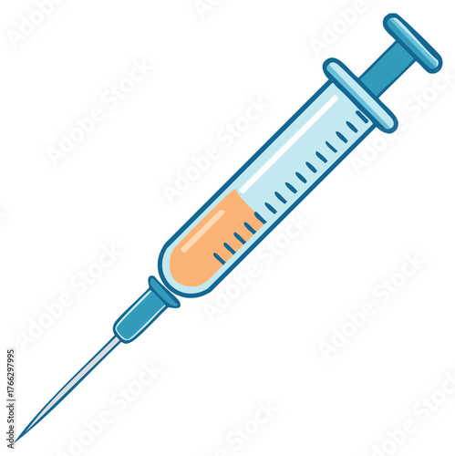 Medical syringe with vaccine, blue and orange injection, healthcare concept