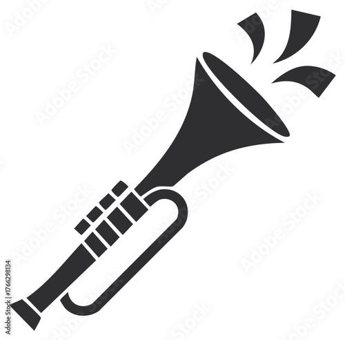 Trumpet Black Silhouette Icon with Sound Waves Musical Instrument Vector Graphic, Minimalist Design, Festive Music Concept