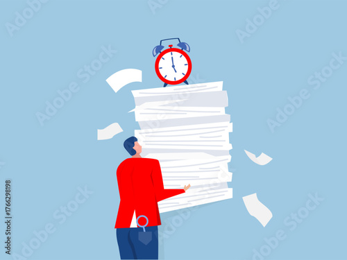 tired businessman carrying heavy documents paperwork with alarm clock deadline on top.Busy workload and deadline causing exhaustion and burnout, vector