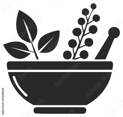 Mortar and pestle with herbal ingredients, medical and cosmetic preparation icon