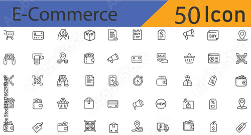 Vector outline shopping icons pack for retail apps, fintech payments, and delivery tracking