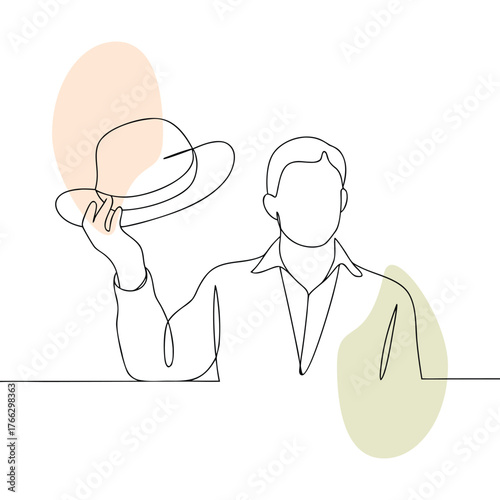 Minimalist Line Art Illustration of a Man Tipping his Hat with Neutral Abstract Shapes Creating a Modern and Sophisticated Visual