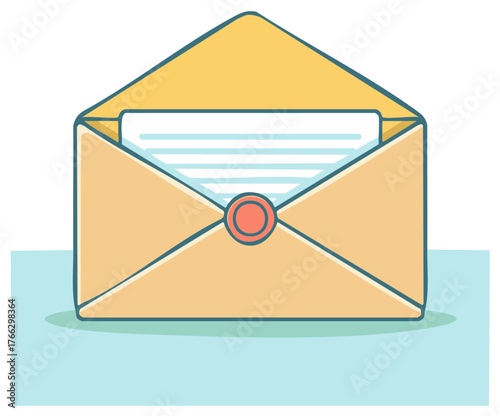 Free Download Cartoon Style Open Envelope with Document and Seal Illustration for Communication Themes - GFXLoad