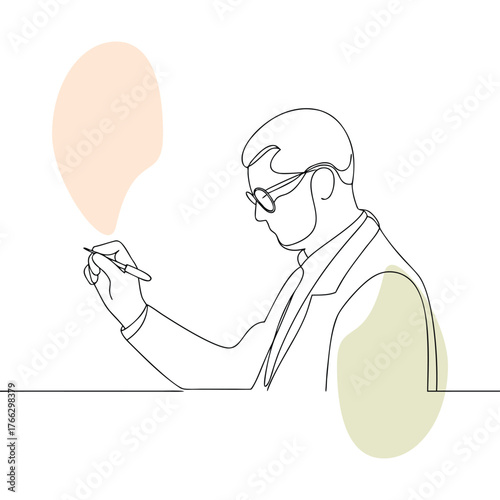 Minimalist line art illustration of a man writing business professional focusing on work with soft peach and olive green accent colors artistic depiction