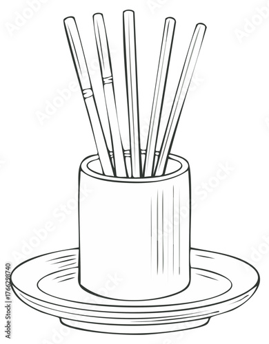 Detailed line art of Asian chopsticks held upright in a ceramic holder resting on a small plate
