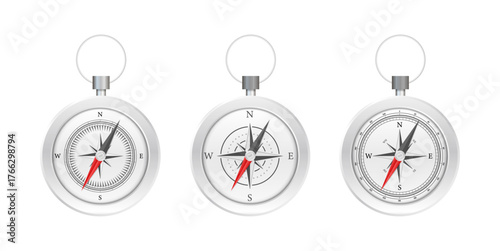 Compasses showing navigation direction and guidance on white background