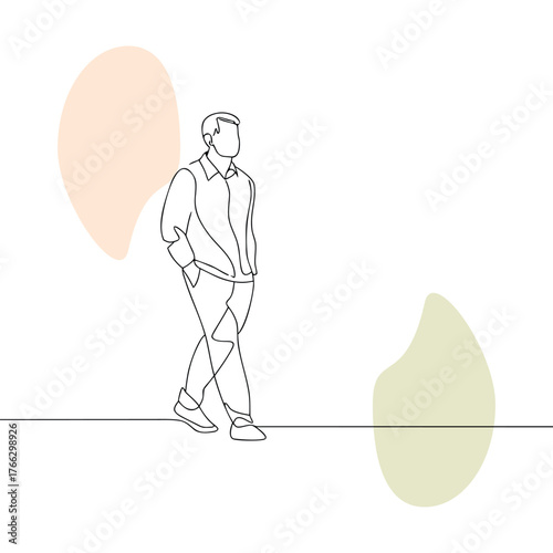 Minimalist line drawing of a man walking with hands in pockets modern artistic style on white background with abstract shapes for decoration or design