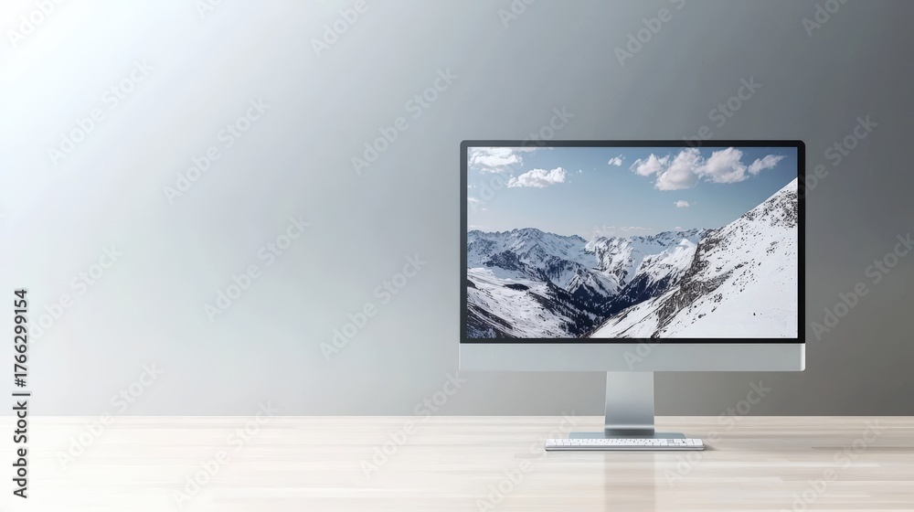 Fototapeta premium A desktop monitor on a sleek stand, soft gray background, balanced layout, copy space below, professional and sharp