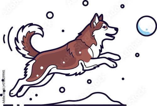 Cartoon husky dog jumping in the snow with a snowball on a white background