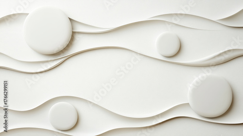 Abstract shapes create serene composition in white space, evoking calmness and simplicity