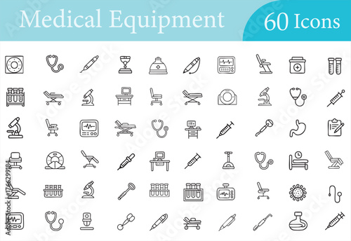 Vector healthcare equipment icons pack for clinics, pharmacies, and UI dashboards