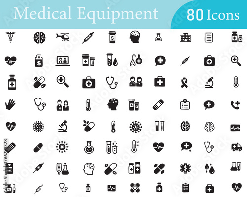 Hospital and pharmacy equipment icon set for web, mobile, and marketing materials