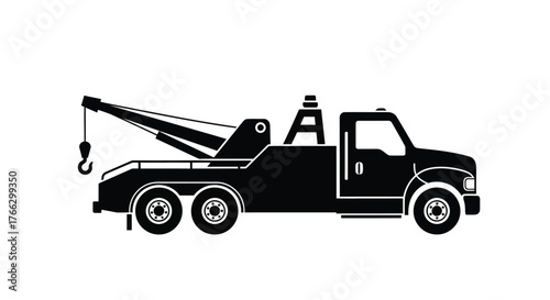 A simple black and white silhouette of a tow truck vehicle