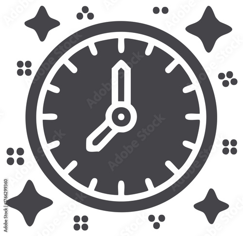 Decorative clock icon with star and dot elements