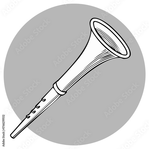 A black and white line art illustration of a Shehnai a traditional Indian woodwind musical instrument